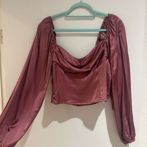 Astr Satin Draped-Neck Long Sleeve Crop Top - Rose Mauve